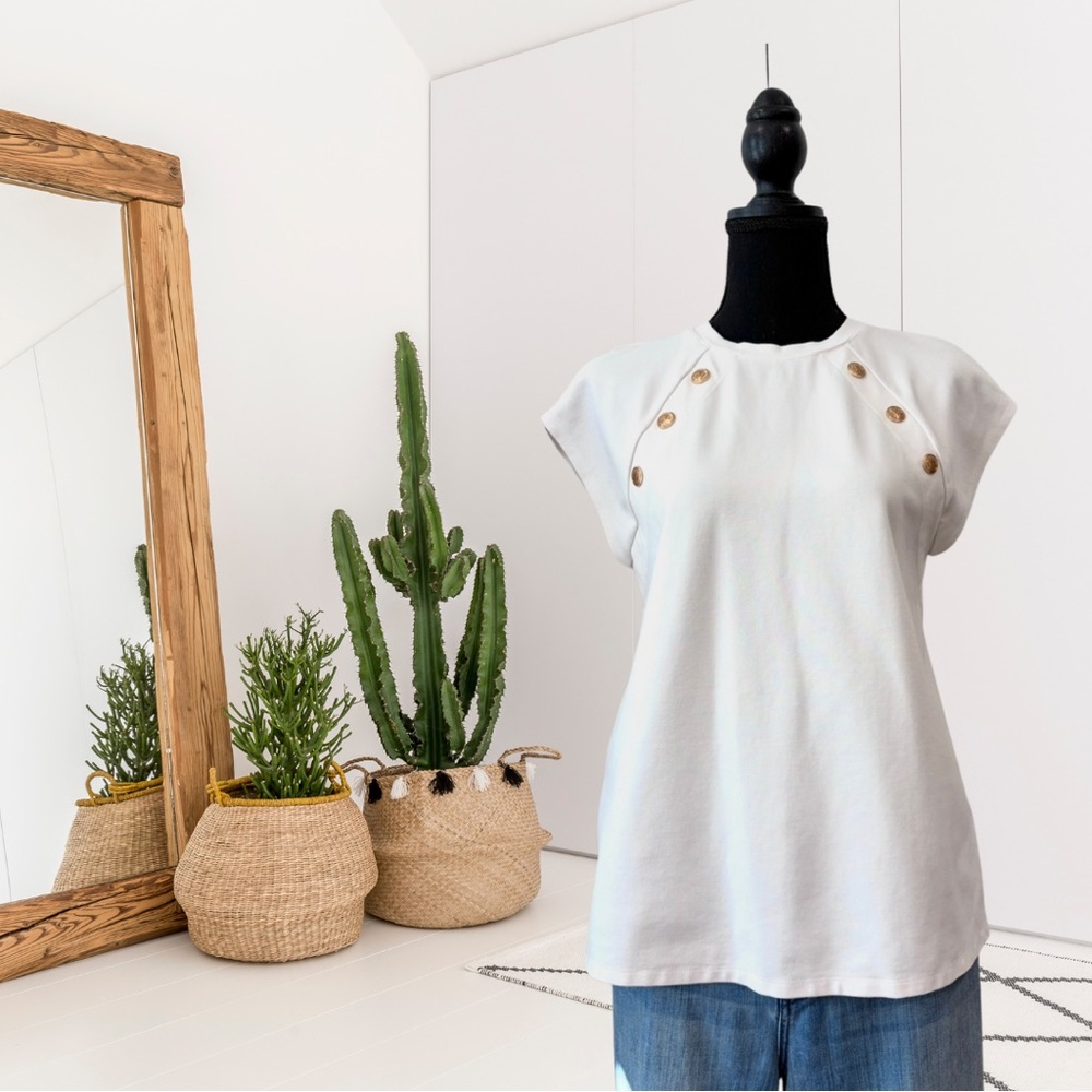 Cable & Gauge Short Sleeve Button Shoulder Ponte Knit Top